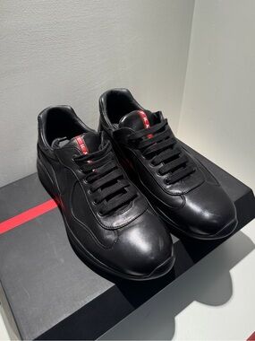 Prada Black Leather Men's Sneakers with Red Tongue Detail